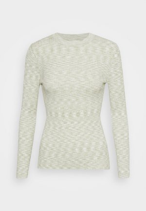 Majica z dolgimi rokavi v svetlo zeleni barvi, ki se ponaša z teksturiranim vzorcem in prilegnjenim krojem, okroglim izrezom in rebrastimi detajli.