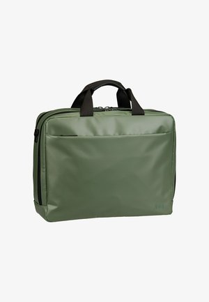 Sac à ordinateur portable vert fabriqué en nylon texturé avec une finition lisse, doté de poignées noires et d'une poche zippée à l'avant.