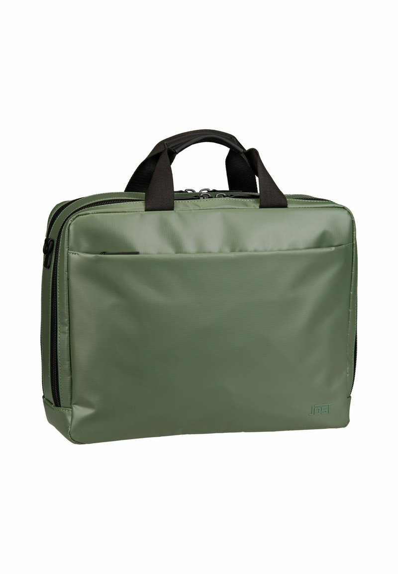 Grüne Laptop-Tasche aus strukturiertem Nylon mit glatter Oberfläche, ausgestattet mit schwarzen Griffen und einer Front-Reißverschlusstasche.