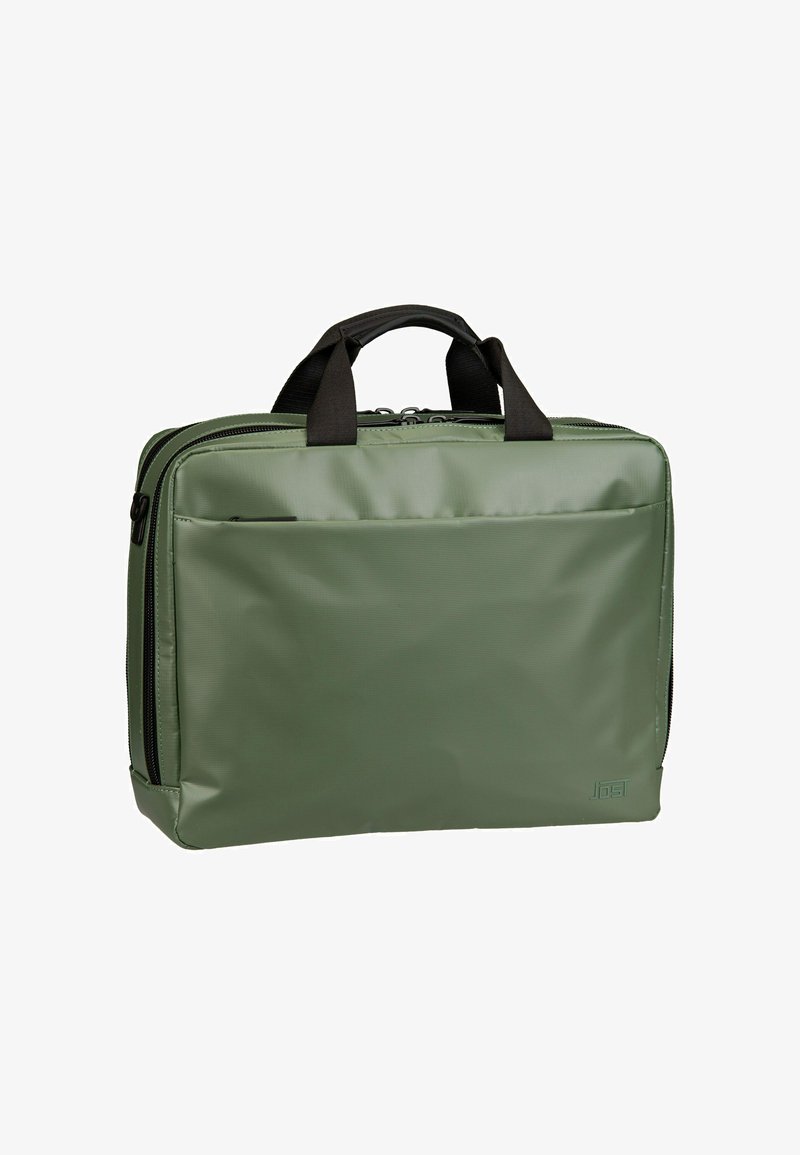 Grüne Laptop-Tasche aus strukturiertem Nylon mit glatter Oberfläche, ausgestattet mit schwarzen Griffen und einer Front-Reißverschlusstasche.