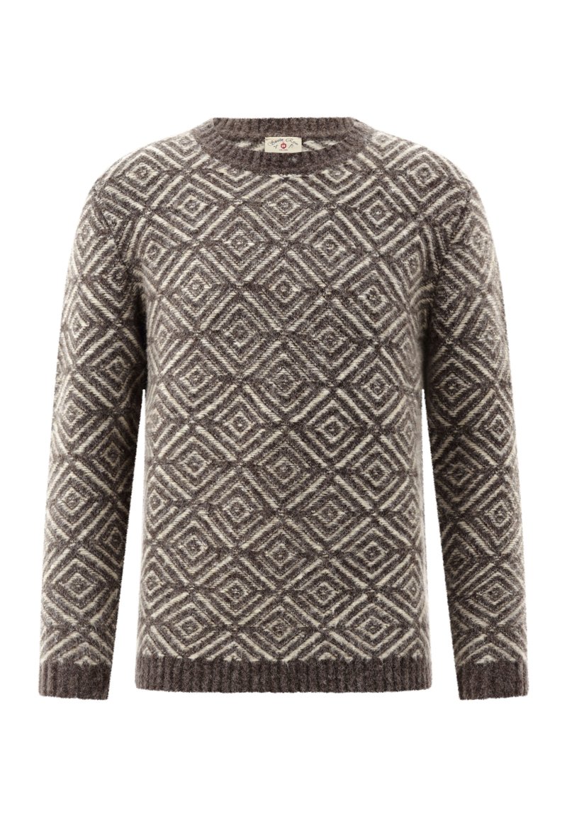 Brauner und weißer Wollpullover mit langen Ärmeln und geometrischem Rautenmuster über dem gesamten Stoff.