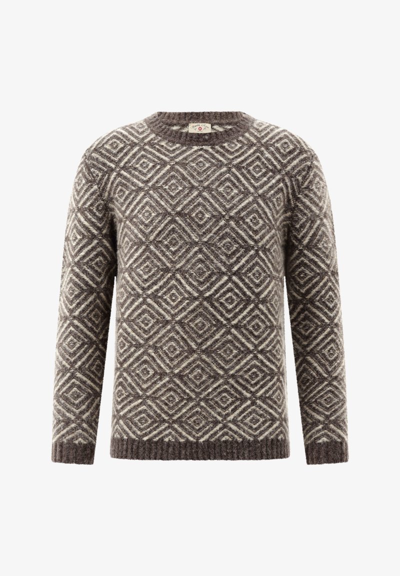 Brauner und weißer Wollpullover mit langen Ärmeln und geometrischem Rautenmuster über dem gesamten Stoff.