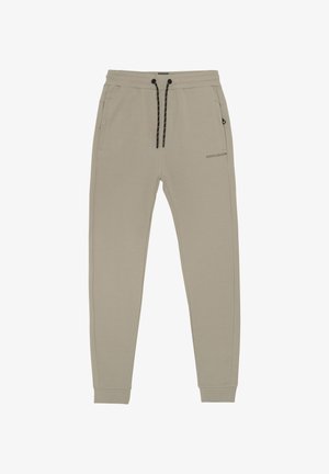 Beige sportbroek gemaakt van zachte stof, met een trekkoord in de taille, zijzakken en een logo gedrukt op het been. Slanke pasvorm.
