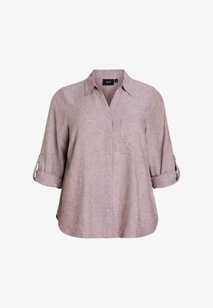 Lyserød linnedskjorte med knap-krave, frontlomme og optrukne ærmer. Har en afslappet pasform og subtil tekstur.