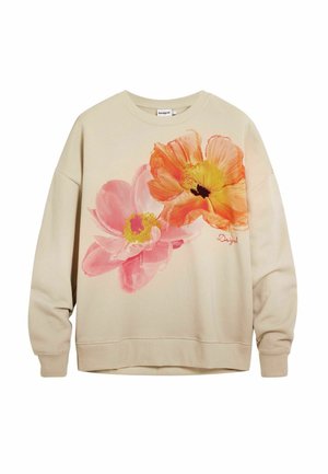 Beige sweatshirt featuring large, painted flowers in pink and orange with yellow accents, round neckline, and ribbed cuffs.