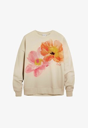 Beige sweatshirt featuring large, painted flowers in pink and orange with yellow accents, round neckline, and ribbed cuffs.