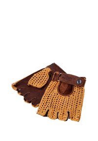 Fingerless gloves with a brown leather palm and golden knitted upper, featuring a snap button accent and open fingertips for dexterity.