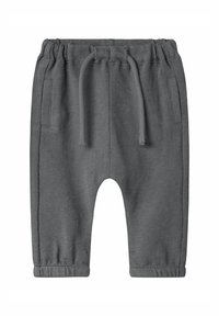 Grijze gebreide joggingbroek met een elastische tailleband, trekkoord, twee zijzakken en taps toelopende boorden. Zacht textuur en een relaxte pasvorm.