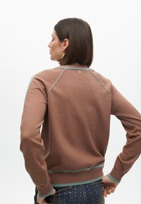 Hnědý pletený svetr s tefkovými akcenty na ramenech a lemu, s kulatým výstřihem a žebrovanými manžetami. Zlatý logo detail na zadní straně.