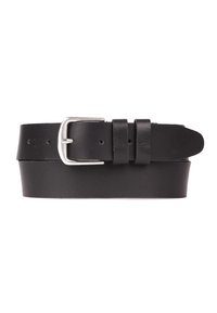 Cinturón de cuero negro con una hebilla rectangular de plata, que presenta una textura suave y múltiples agujeros de ajuste para un ajuste personalizable.