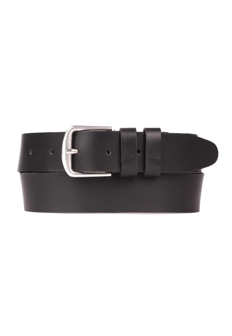 Cinturón de cuero negro con una hebilla rectangular de plata, que presenta una textura suave y múltiples agujeros de ajuste para un ajuste personalizable.