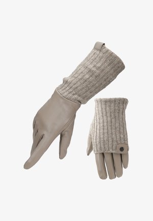 Gants en cuir avec un poignet en tricot côtelé. Les gants sont beiges avec une finition lisse, tandis que le poignet est texturé et gris clair avec un détail de bouton.