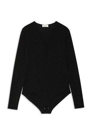 Bodysuit negro de manga larga con cuello en V profundo, fabricado con una tela suave y elástica. Cuenta con cierres a presión en la parte inferior.