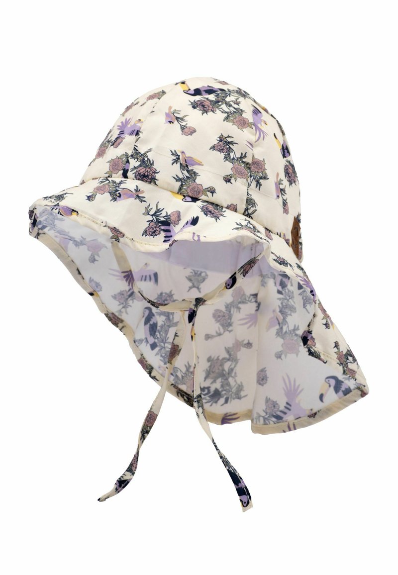 Blumen-Sonnenhut mit breiter Krempe, aus leichtem Stoff. Die Farben umfassen Creme, Rosa und Lila mit Vogel- und Blumenmustern.