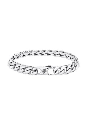 Silberfarbenes, poliertes Kettenarmband mit flachen Panzerkettengliedern und einem Karabinerverschluss, der mit einer kleinen dekorativen Spirale graviert ist.