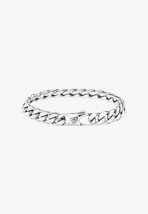 Silberfarbenes, poliertes Kettenarmband mit flachen Panzerkettengliedern und einem Karabinerverschluss, der mit einer kleinen dekorativen Spirale graviert ist.