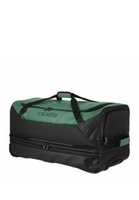 Reistasje in zwart en groen met een duurzame buitenkant, dubbele handgrepen, ritscompartimenten en soepele wielen voor gemakkelijke transport.