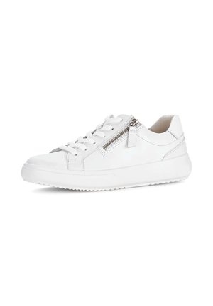 White leather sneaker with lace-up front, side zipper, and thick sole, shown against a plain white background.