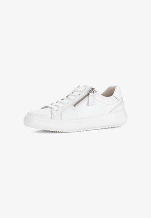 White leather sneaker with lace-up front, side zipper, and thick sole, shown against a plain white background.