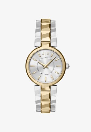 Goudkleurig en zilverkleurig horloge met een ronde zilverkleurige wijzerplaat, gouden uurmarkeringen en een armband met geometrische schakels in gemengde metalen afwerkingen.