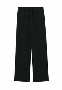 Čierne široké nohavice s elastickým pásom a šnúrkou. Obsahujú bočné vrecká a hladkú textúru. Odolný materiál pre pohodlie.