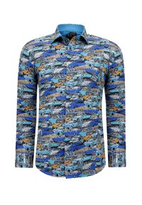 Overhemd met knopen en een kleurrijk patroon van verschillende vintage auto’s in blauw, oranje en grijs, met een lichtblauwe kraag. Van katoen.