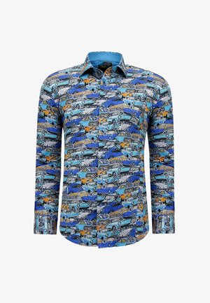 Overhemd met knopen en een kleurrijk patroon van verschillende vintage auto’s in blauw, oranje en grijs, met een lichtblauwe kraag. Van katoen.