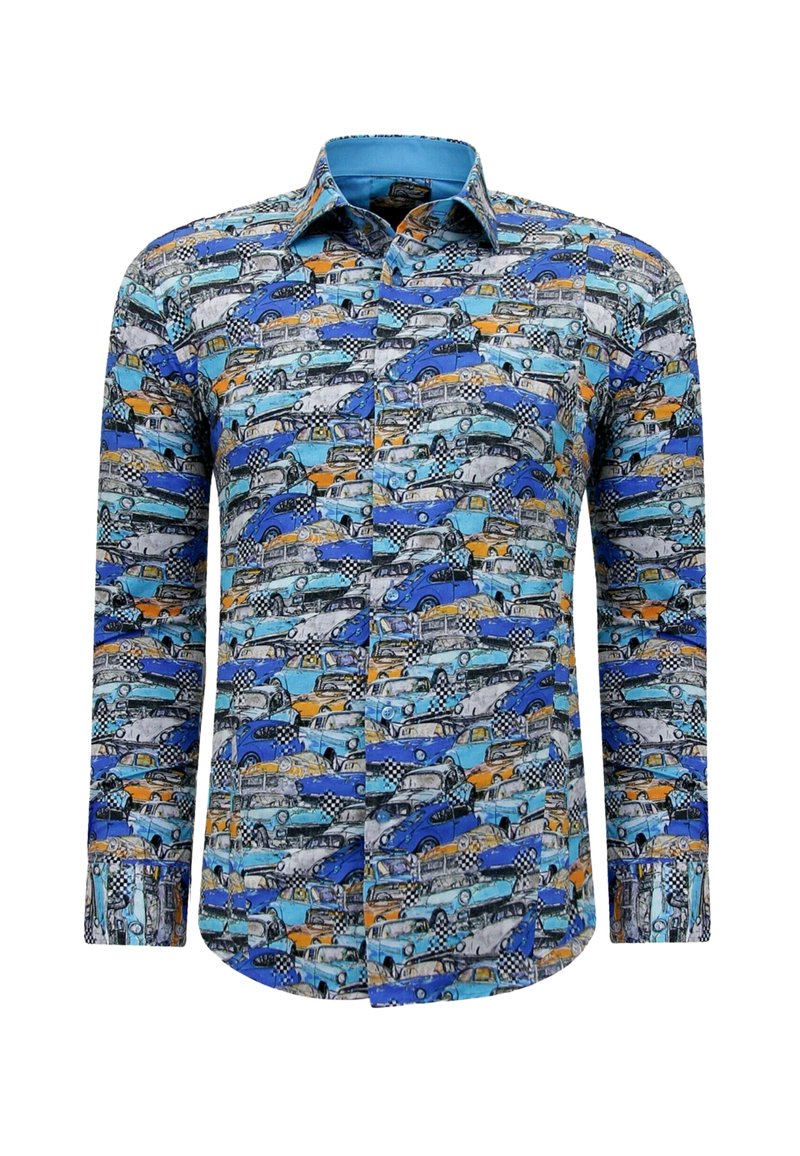 Overhemd met knopen en een kleurrijk patroon van verschillende vintage auto’s in blauw, oranje en grijs, met een lichtblauwe kraag. Van katoen.