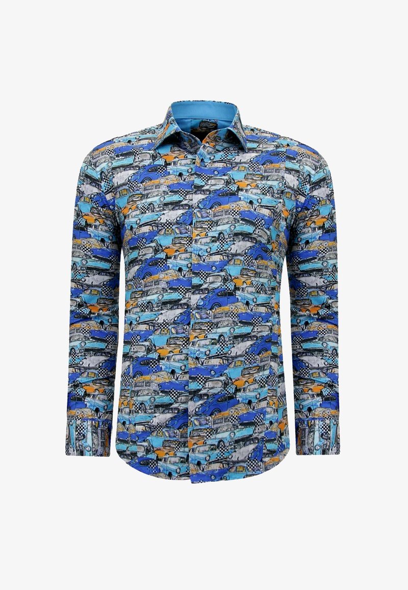 Overhemd met knopen en een kleurrijk patroon van verschillende vintage auto’s in blauw, oranje en grijs, met een lichtblauwe kraag. Van katoen.
