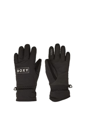 Guantes de invierno negros con muñecas elásticas, uno mostrando la palma y el otro el dorso con un parche con el logo "ROXY".