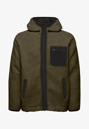 Olivengrøn fleecejakke med sort lynlås fortil, hætte og sort brystlomme. Har struktureret stof og sidelommer med lynlås.