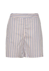 Pantaloni corti beige con righe verticali blu navy, dotati di una vita piatta, due tasche laterali e una vestibilità rilassata. Tessuto leggero e morbido.
