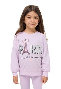 Fioletowa bluza z napisem "PARYŻ" i grafiką Wieży Eiffla, ozdobiona kokardą oraz sercami w odcieniach różu i srebra, z prążkowanymi mankietami i dołem.