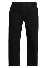 Schwarze Jeans aus Denim mit geradem Schnitt, ausgestattet mit einem vorneliegenden Knopfverschluss, fünf Taschen und einem schlichten Finish ohne Abnutzungsspuren oder Verzierungen.