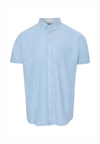 Camicia a maniche corte blu chiaro, con bottoni, realizzata in tessuto testurizzato. Presenta un colletto standard e una tasca sul petto sinistro con bottoni bianchi.