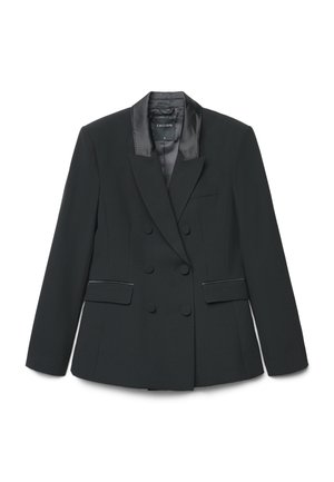 Schwarzer, doppelreihiger Blazer mit Satinschalrevers, mit Stoff bezogenen Knöpfen und Pattentaschen, Größe Small, Marke Calliope.