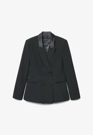 Schwarzer, doppelreihiger Blazer mit Satinschalrevers, mit Stoff bezogenen Knöpfen und Pattentaschen, Größe Small, Marke Calliope.