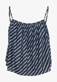Marineblaue Tanktop mit vertikalen weißen Streifen, dünnen Schulterträgern und gerafftem Material im Oberteil für einen lockeren Sitz.