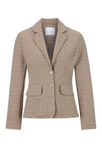 Blazer a quadri marrone e beige con colletto a revers, due tasche frontali e chiusura con un bottone. Tessuto strutturato e design aderente.