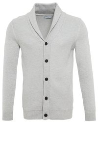 Světlě šedý cardigan s texturovaným pleteným vzorem, šálovým límcem a šesti černými knoflíky vpředu. Žebrované manžety a spodní lem.