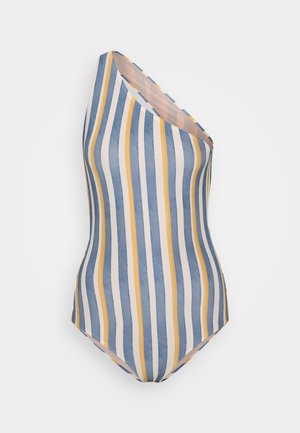 Costume da bagno con spallina unica, a righe verticali blu, crema e giallo. Tessuto liscia con un design aderente e copertura moderata.