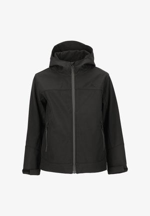 Svart softshell-jacka med zipfront, justerbar huva, elastiska ärmslut och två sidofickor. Slät textur och minimalistisk design.