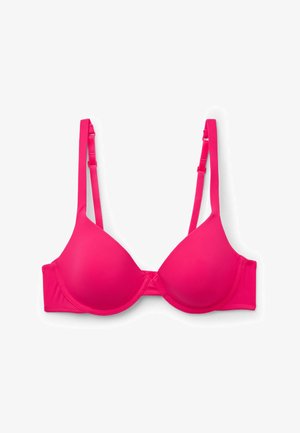 Roze gewatteerde beha met verstelbare bandjes en een gladde textuur. Kenmerkt zich door een naadloos ontwerp en een haaksluiting aan de achterkant.