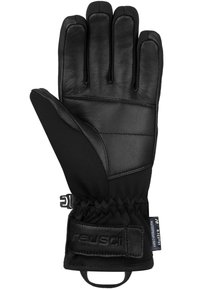 Schwarze Skihandschuhe mit Lederhandfläche und weichen Stofffingern, verstellbarem Bündchen und einem Etikett, das auf wasserfeste und atmungsaktive Eigenschaften hinweist.