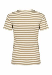 Svītrains t-krekls bēšā un krēmkrāsā. Īsas piedurknes, apaļa kakla izgriezums, pieguļošs dizains, ribota tekstūra un mainīgas svītras vienādā platumā.