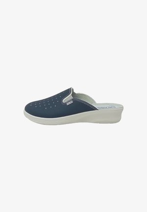 Zoccoli blu navy senza lacci realizzati in materiale traspirante, con perforazioni, una suola bianca e interni imbottiti per il comfort.