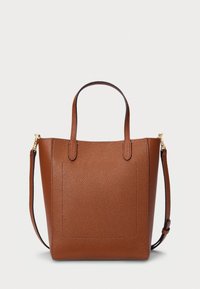 Ruskea nahkainen kangaskassi, jossa on teksturoitu pinta, tuplatangot ja irrotettava olkahihna. Ominaisuudet yksinkertainen suorakulmainen muoto.