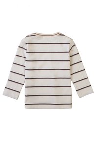 Camicetta a maniche lunghe color crema con strisce orizzontali marroni. Tessuto morbido, scollatura rotonda e dettagli con bottoni sulla spalla sinistra.