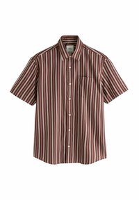 Korte mouw shirt in bordeaux met verticale witte en lichtblauwe strepen. Beschikt over een button-down kraag en een borstzak. Gemaakt van een katoenen mix.