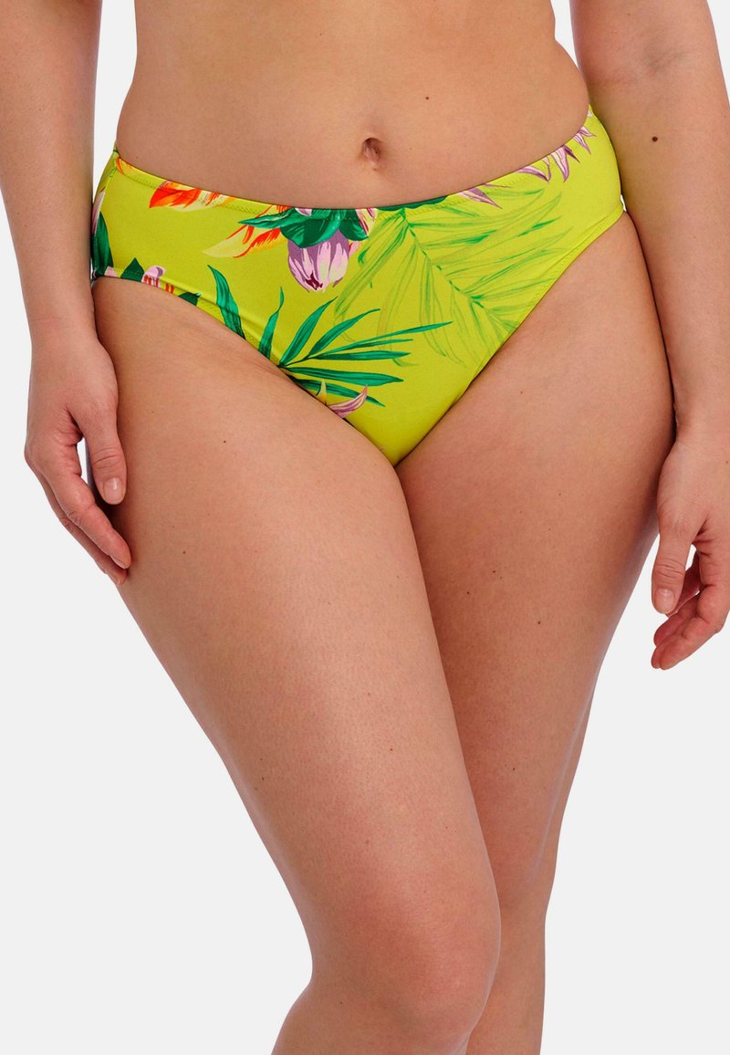 Žluté bikiny s tropickým květinovým vzorem, které obsahují zelené listy a barevné květy. Hladký povrch, design s průměrným pokrytím.